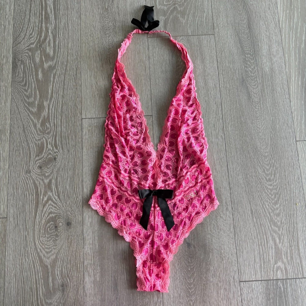 Victoria's Secret Sexy Little Things Womens Pink Lace Halter Neck‎ Bodysuit Sz M